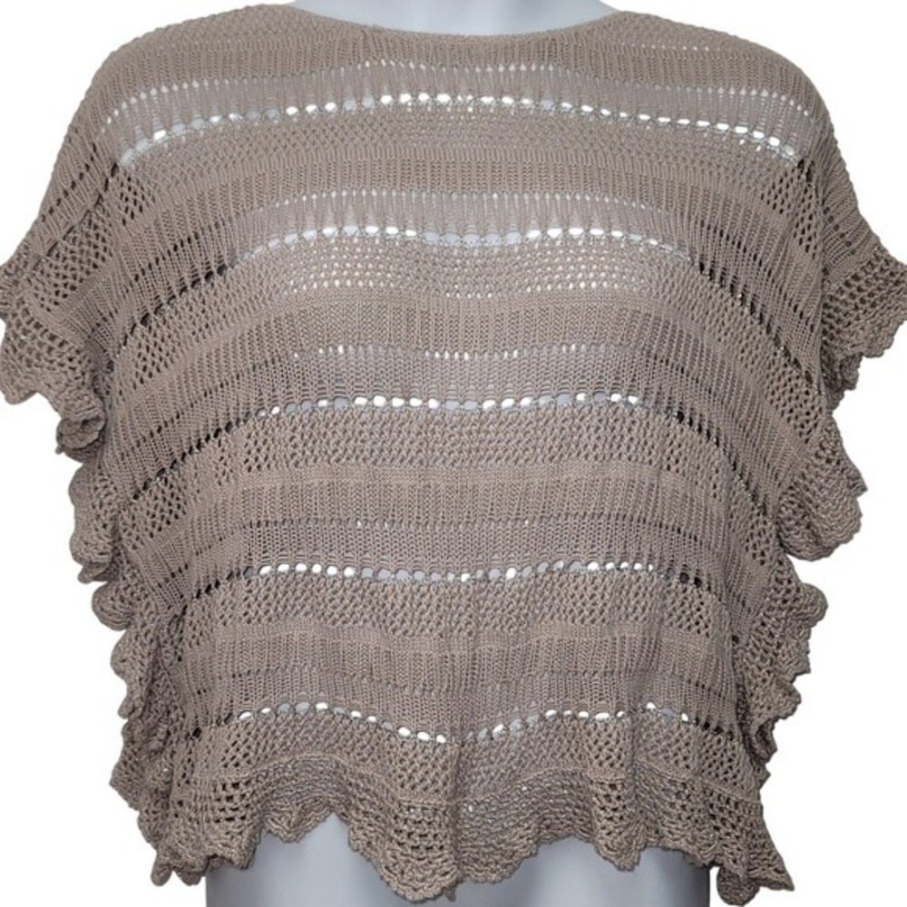 INC Open Knit Crochet Taupe Silver Scallop Short Sleeves Boxy Sweater‎ Cottage M